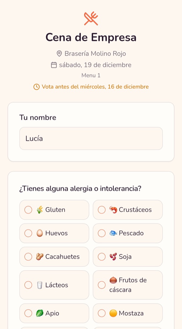 Pantalla de Gruppy en el móvil del comensal: escribe su nombre e indica si tiene alguna alergia o intolerancia