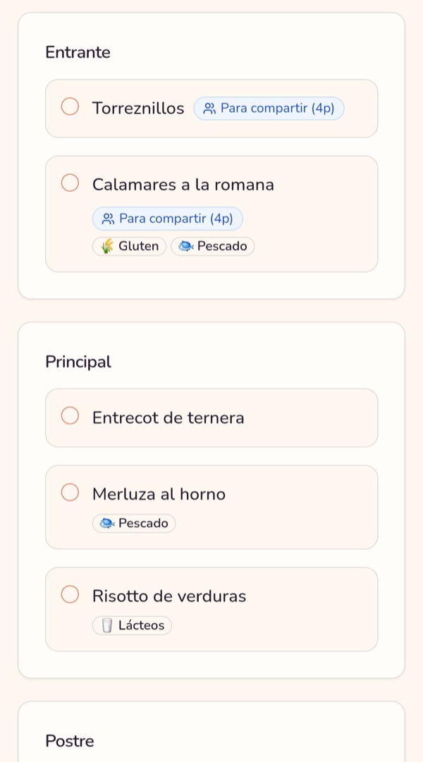 Pantalla de Gruppy con las opciones del menú: cada plato muestra sus alérgenos
